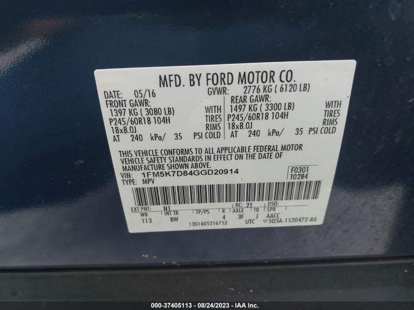 2016 FORD EXPLORER XLT - 1FM5K7D84GGD20914