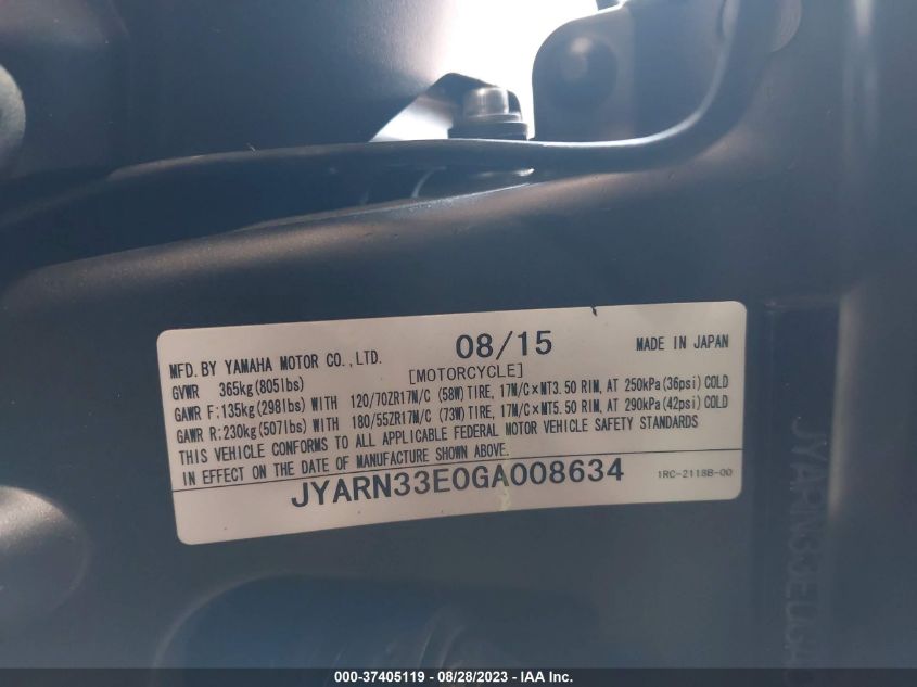 2016 YAMAHA FZ09 JYARN33E0GA008634