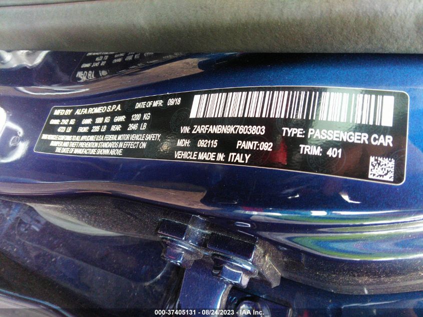 2019 ALFA ROMEO GIULIA TI SPORT - ZARFANBN9K7603803