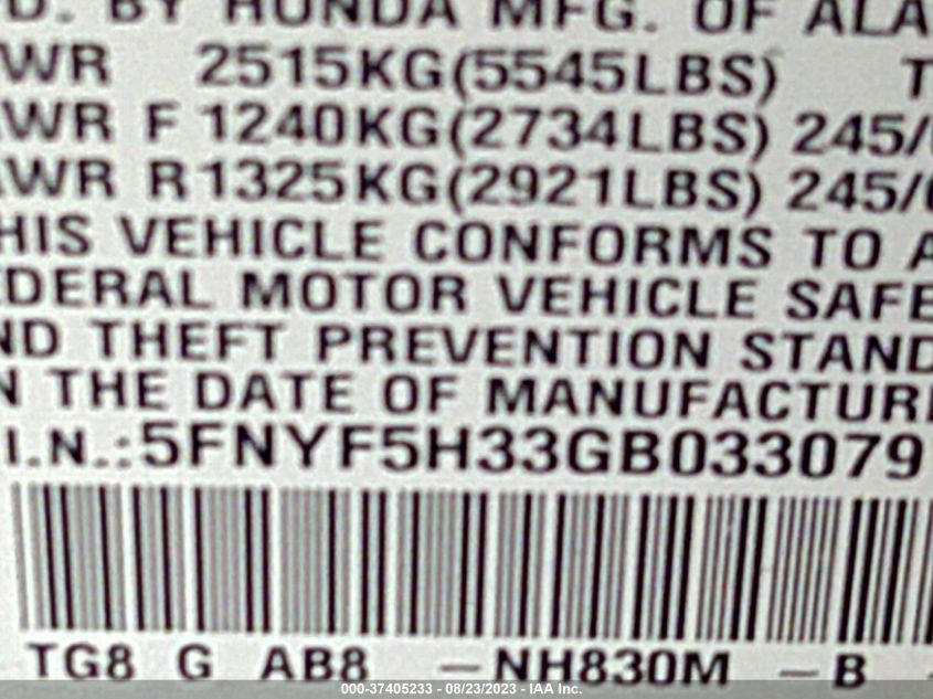 2016 HONDA PILOT EX - 5FNYF5H33GB033079