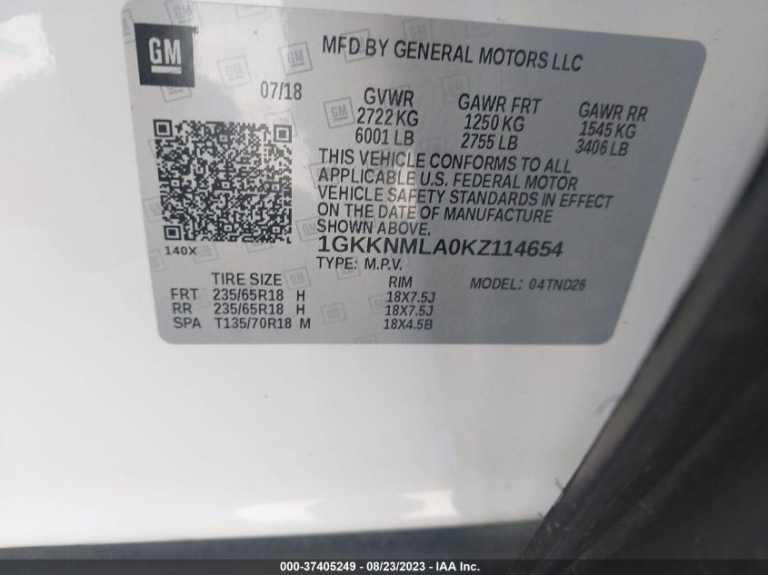 2019 GMC ACADIA SLT - 1GKKNMLA0KZ114654