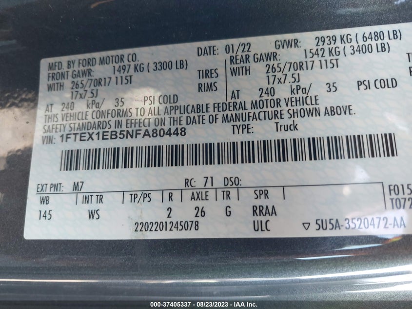 VIN 1FTEX1EB5NFA80448 2022 FORD F-150 XL/XLT