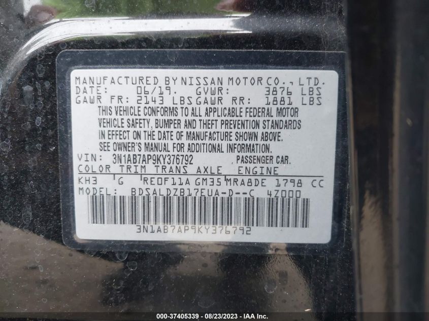 2019 NISSAN SENTRA SV - 3N1AB7AP9KY376792