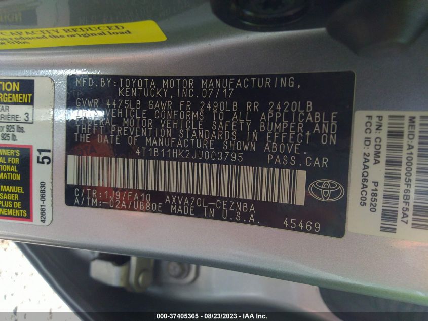 2018 TOYOTA CAMRY LE/SE/XLE/L - 4T1B11HK2JU003795