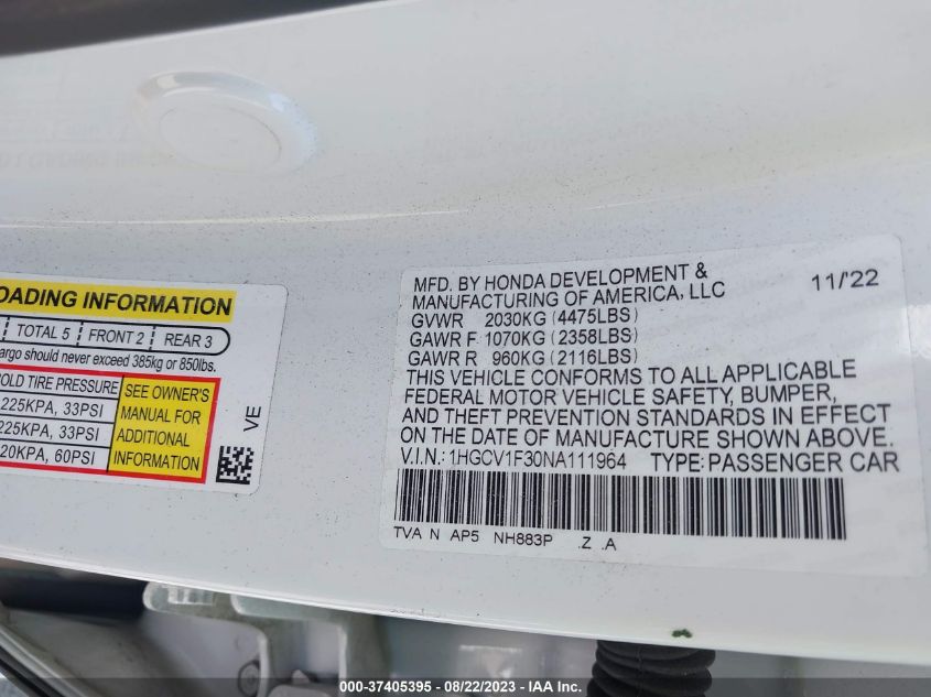 2022 HONDA ACCORD SEDAN SPORT - 1HGCV1F30NA111964