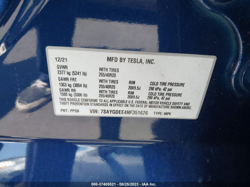 2022 TESLA MODEL Y - 7SAYGDEE4NF351676