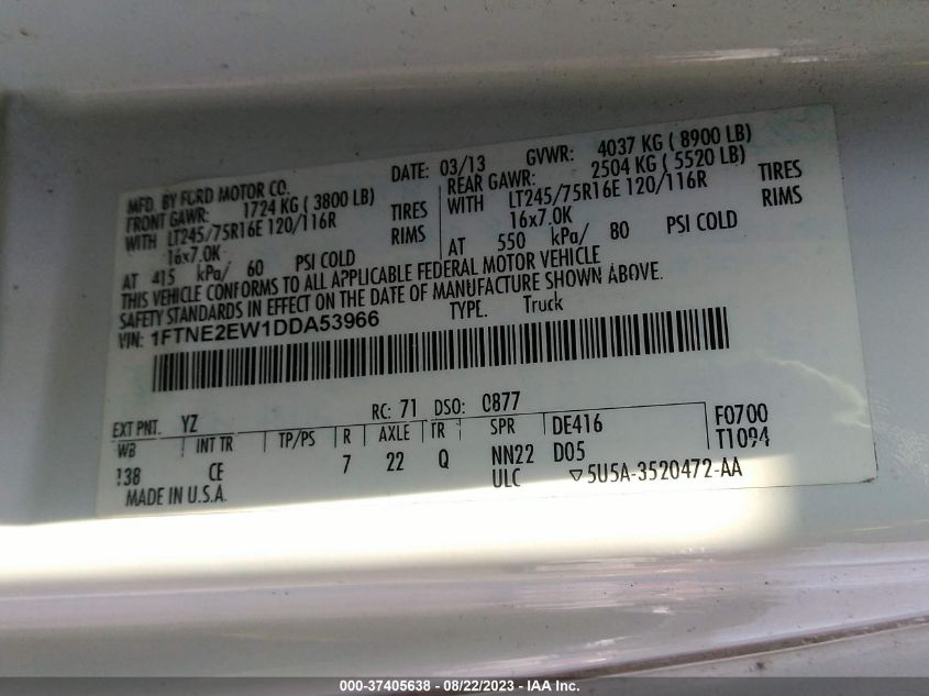 2013 FORD ECONOLINE CARGO VAN COMMERCIAL/RECREATIONAL 1FTNE2EW1DDA53966