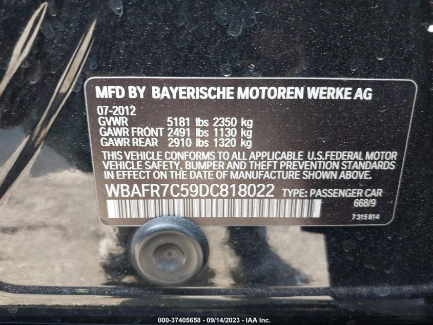 2013 BMW 5 SERIES 535I - WBAFR7C59DC818022
