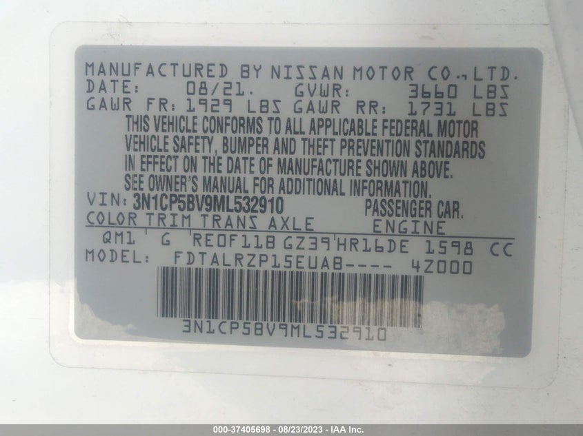 VIN 3N1CP5BV9ML532910 2021 NISSAN KICKS S