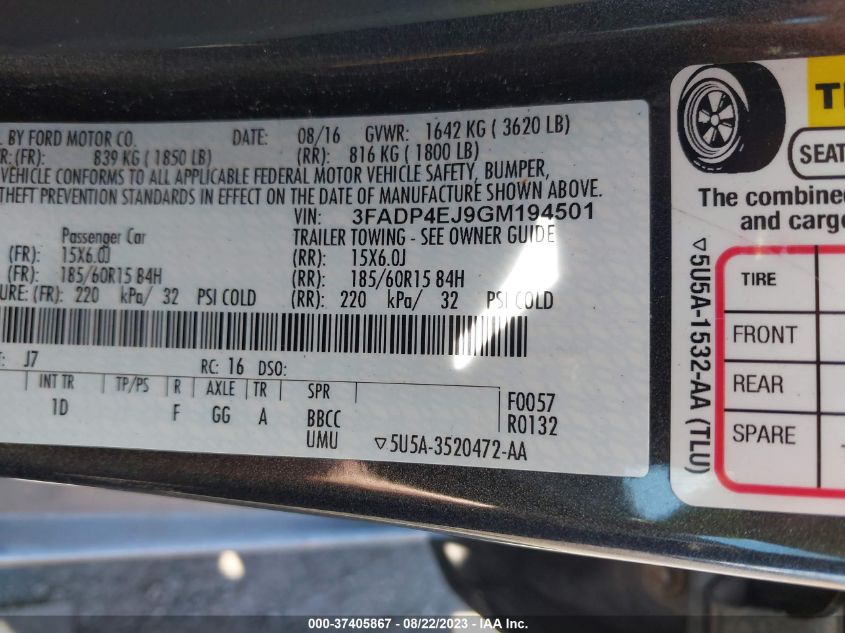 2016 FORD FIESTA SE - 3FADP4EJ9GM194501