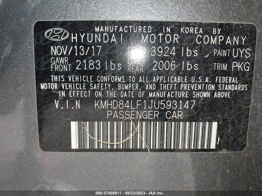 VIN KMHD84LF1JU593147 2018 HYUNDAI ELANTRA SEL