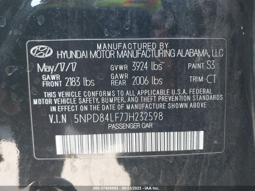 VIN 5NPD84LF7JH232598 2018 HYUNDAI ELANTRA SEL