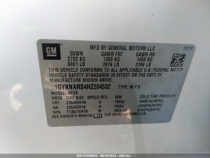 VIN 1GYKNARS4HZ204502 2017 CADILLAC XT5