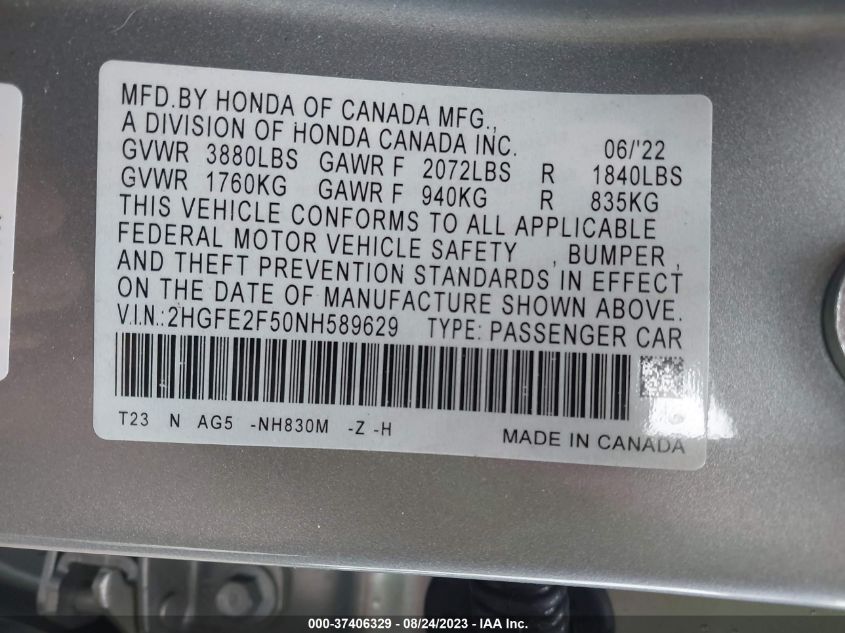 2022 HONDA CIVIC SEDAN SPORT - 2HGFE2F50NH589629