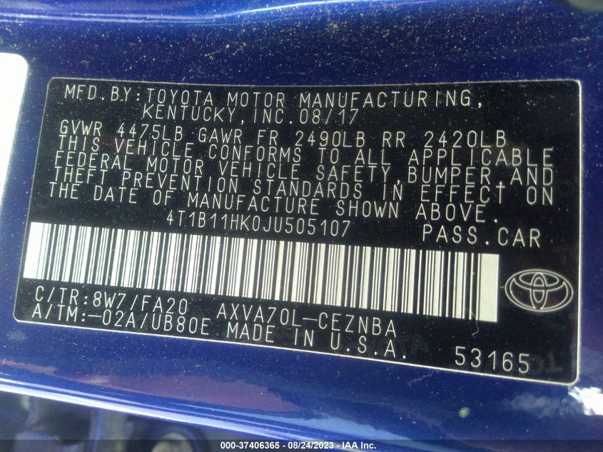 2018 TOYOTA CAMRY LE/SE/XLE/L - 4T1B11HK0JU505107