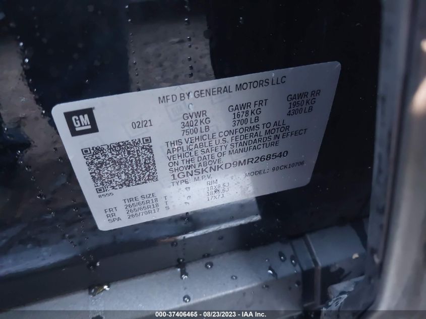2021 CHEVROLET TAHOE LT - 1GNSKNKD9MR268540