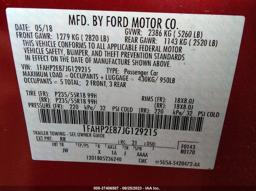 2018 FORD TAURUS SEL - 1FAHP2E87JG129215
