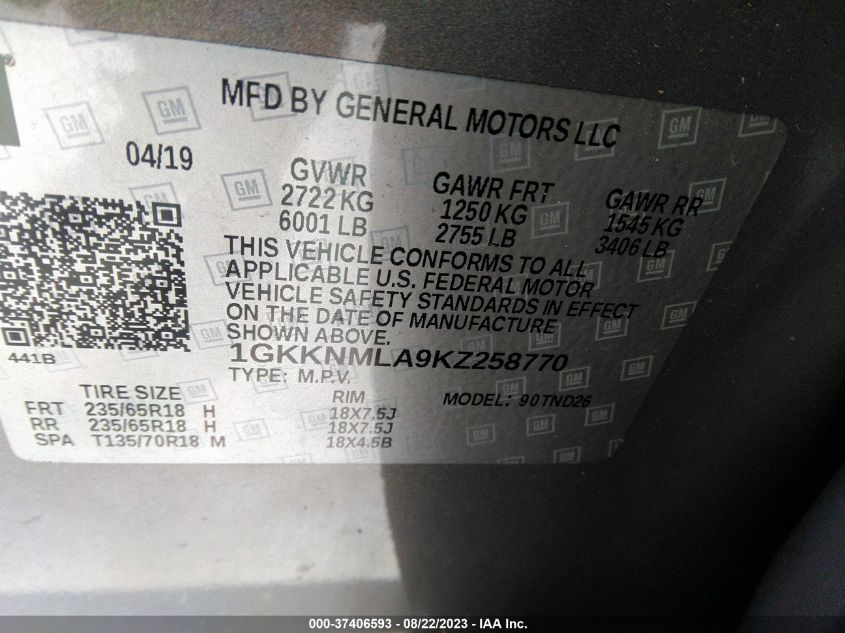 2019 GMC ACADIA SLT - 1GKKNMLA9KZ258770
