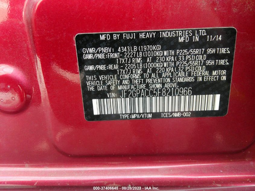 2015 SUBARU XV CROSSTREK PREMIUM - JF2GPACC5F8210966