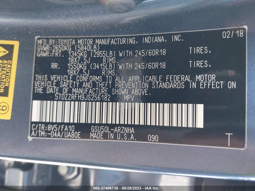 VIN 5TDZZRFH9JS256182 2018 TOYOTA HIGHLANDER LE