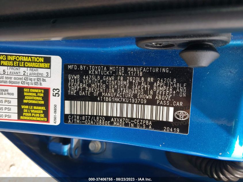 2019 TOYOTA CAMRY XSE - 4T1B61HK7KU193709