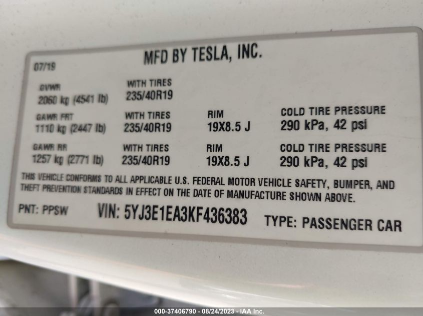 2019 TESLA MODEL 3 RANGE - 5YJ3E1EA3KF436383