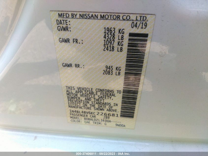 2019 NISSAN ALTIMA 2.5 S - 1N4BL4BV6KC226681