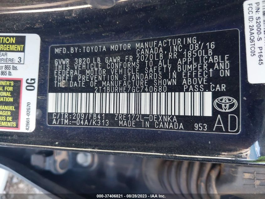 2016 TOYOTA COROLLA L/LE/LE PLS/PRM/S/S PLS - 2T1BURHE7GC740680