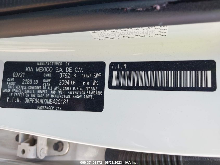 2021 KIA FORTE GT-LINE - 3KPF34AD3ME420181