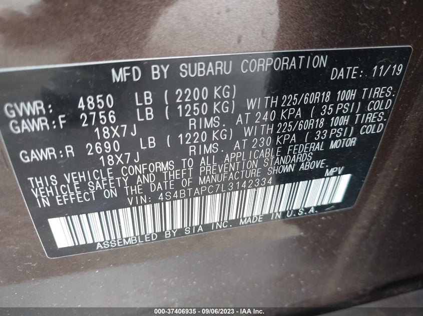 VIN 4S4BTAPC7L3142334 2020 SUBARU OUTBACK TOURING