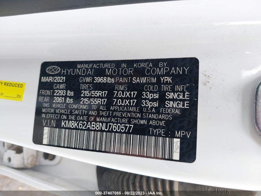 2022 HYUNDAI KONA SEL - KM8K62AB8NU760577