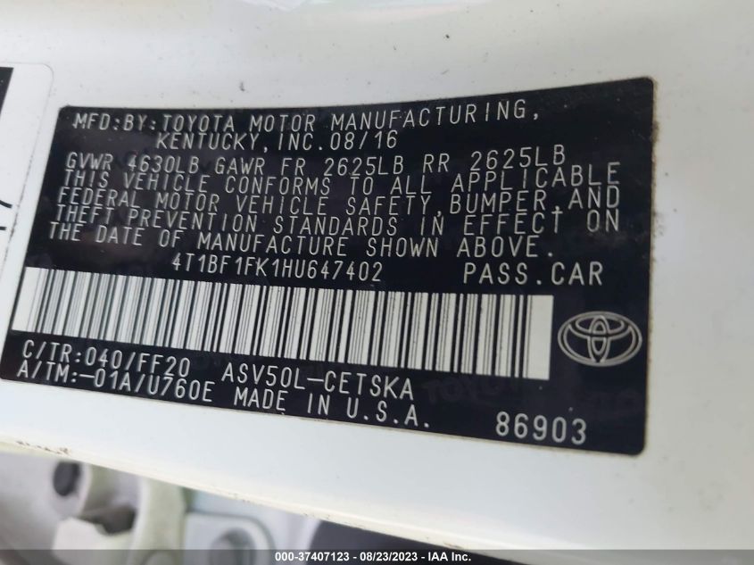 2017 TOYOTA CAMRY XLE/SE/LE/XSE - 4T1BF1FK1HU647402