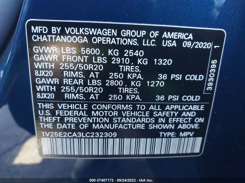 2020 VOLKSWAGEN ATLAS CROSS SPORT 3.6L V6 SE W/TECHNOLOGY - 1V25E2CA3LC232309