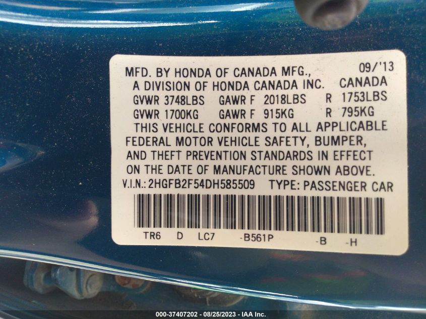 2013 HONDA CIVIC SDN LX 2HGFB2F54DH585509