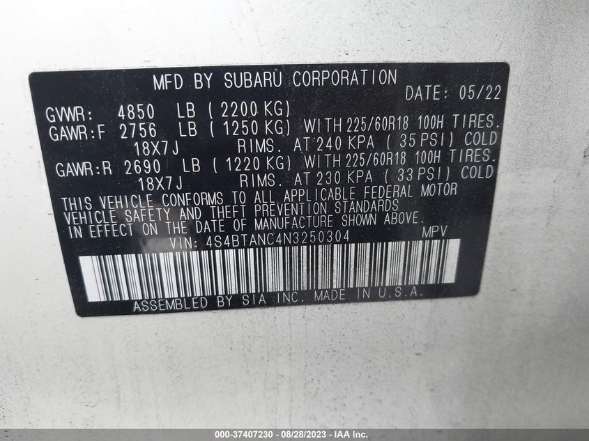 VIN 4S4BTANC4N3250304 2022 SUBARU OUTBACK LIMITED