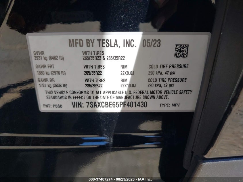 2023 TESLA MODEL X MOTORS FRONT PERMANE(VIN: 7SAXCBE65PF401430