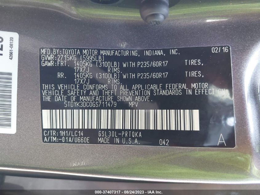 2016 TOYOTA SIENNA XLE/XLE AAS/LTD - 5TDYK3DC0GS711479