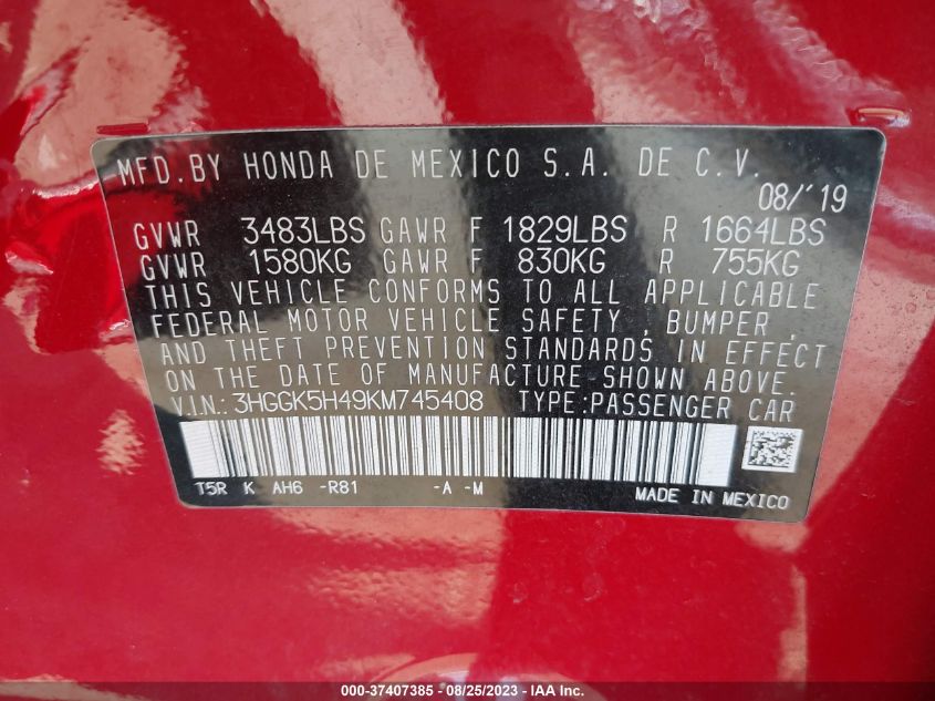 2019 HONDA FIT LX - 3HGGK5H49KM745408