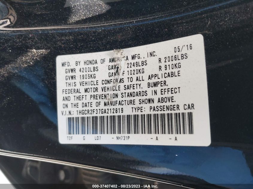 2016 HONDA ACCORD SEDAN LX - 1HGCR2F37GA212819