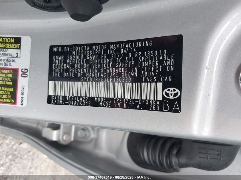 2014 TOYOTA COROLLA L/LE/S/S PLUS/LE PLUS - 5YFBURHEXEP130639