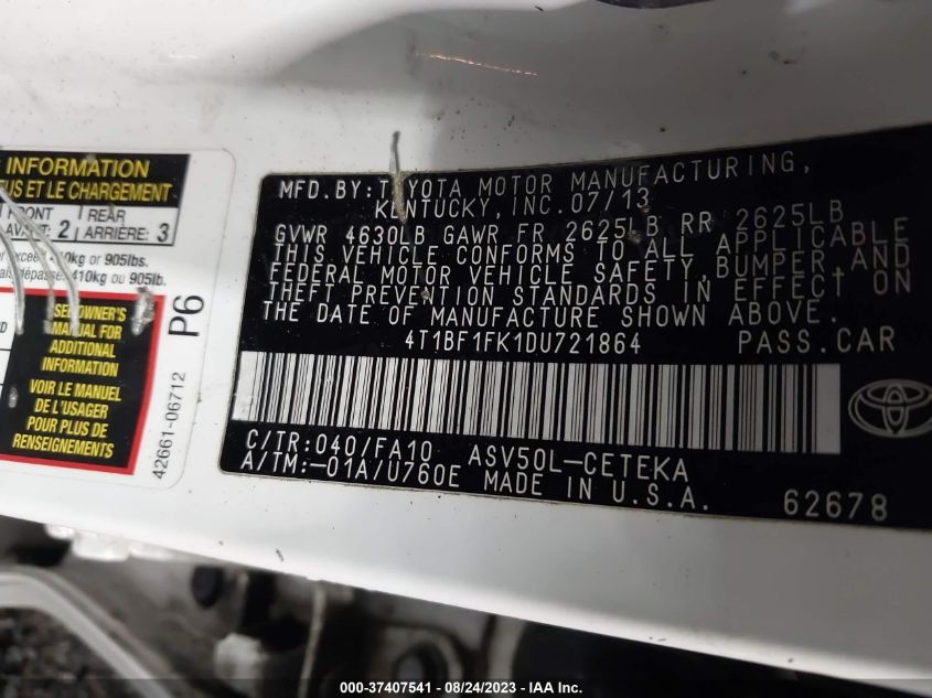 2013 TOYOTA CAMRY L/LE/SE/XLE - 4T1BF1FK1DU721864