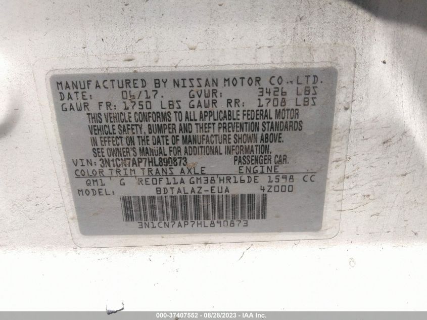 2017 NISSAN VERSA SEDAN S PLUS 3N1CN7AP7HL890873