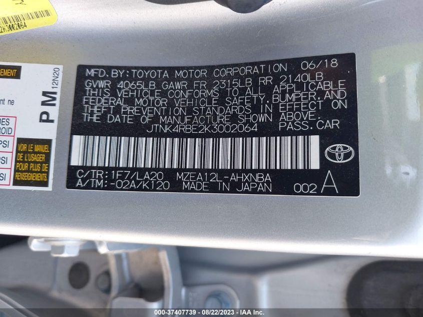 2019 TOYOTA COROLLA HATCHBACK SE/XSE JTNK4RBE2K3002064