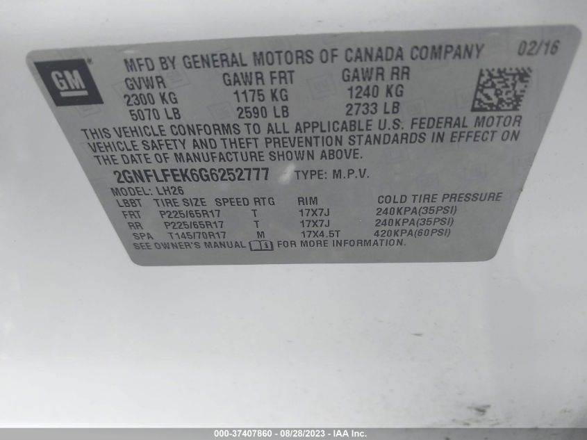 2016 CHEVROLET EQUINOX LT - 2GNFLFEK6G6252777