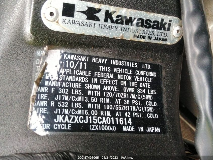 2012 KAWASAKI ZX1000 J JKAZXCJ15CA011614