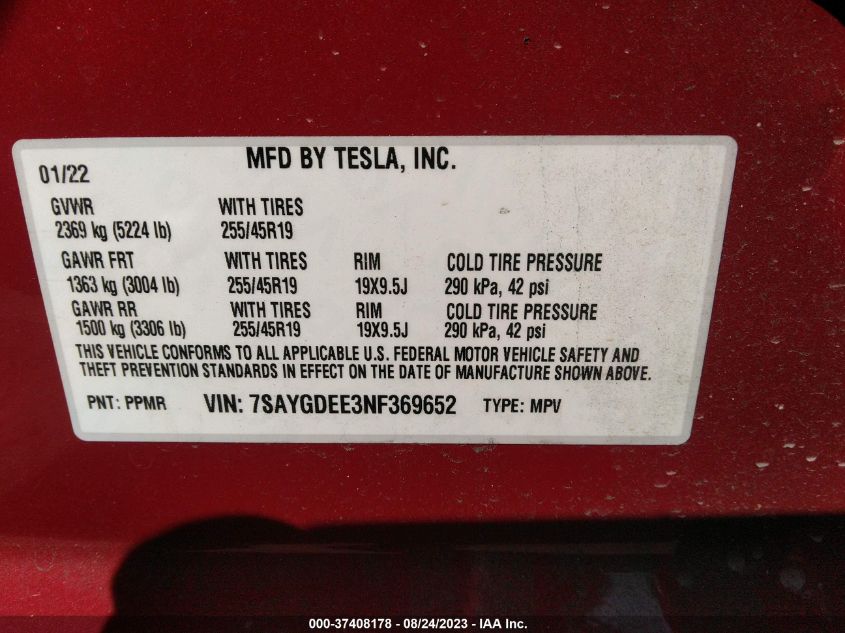 2022 TESLA MODEL Y LONG RANGE - 7SAYGDEE3NF369652