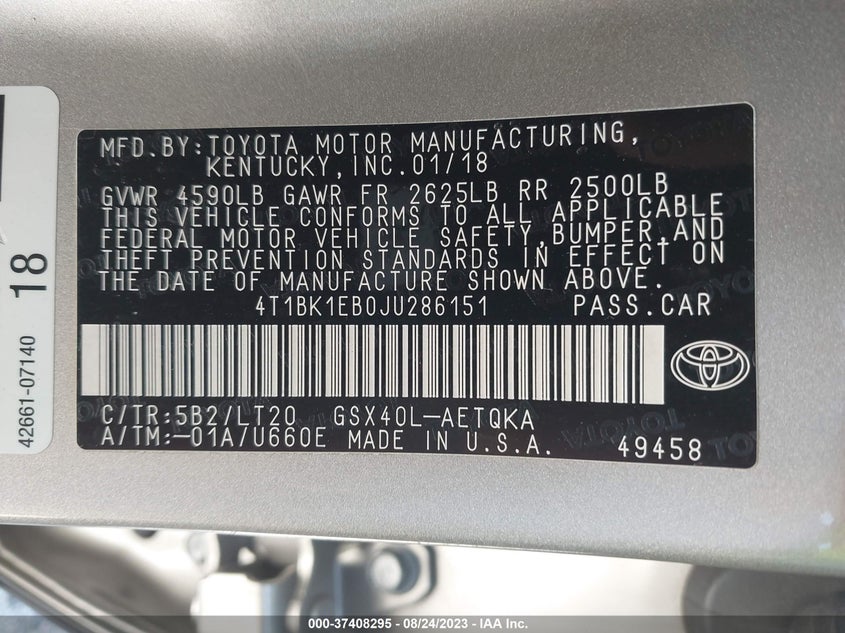 VIN 4T1BK1EB0JU286151 2018 TOYOTA AVALON XLE/XLE PLUS