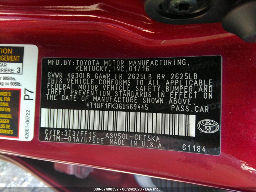 2016 TOYOTA CAMRY XLE/SE/LE/XSE - 4T1BF1FK3GU569445