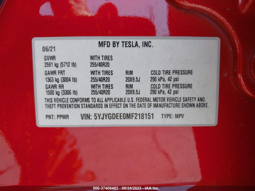2021 TESLA MODEL Y LONG RANGE - 5YJYGDEE0MF218151