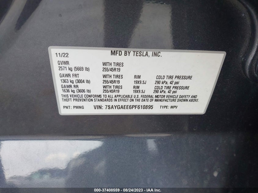VIN 7SAYGAEE6PF610895 2023 TESLA MODEL Y LONG RANGE